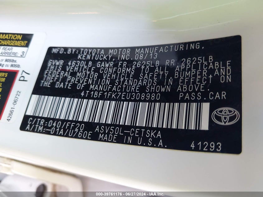 2014 Toyota Camry Se VIN: 4T1BF1FK7EU308980 Lot: 39761176