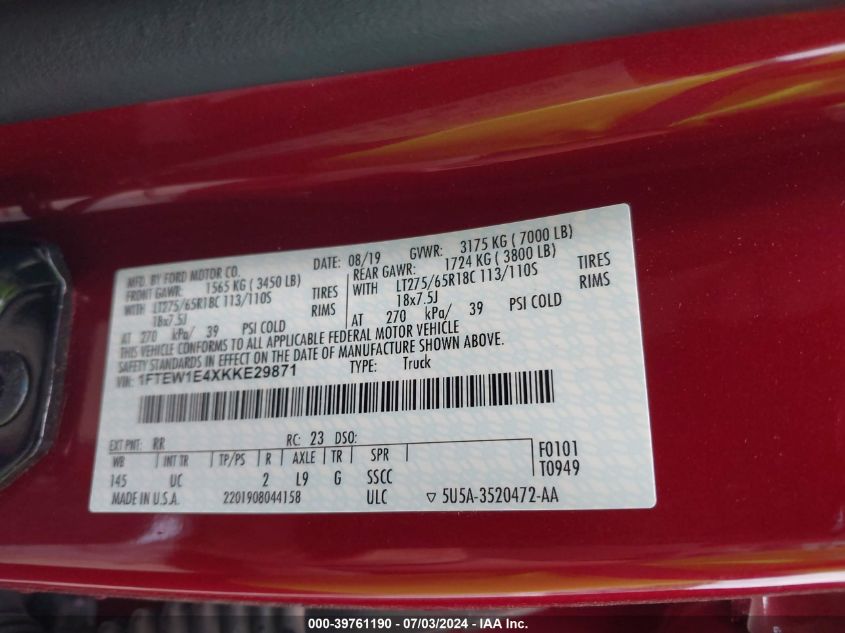 2019 Ford F-150 Xlt VIN: 1FTEW1E4XKKE29871 Lot: 39761190