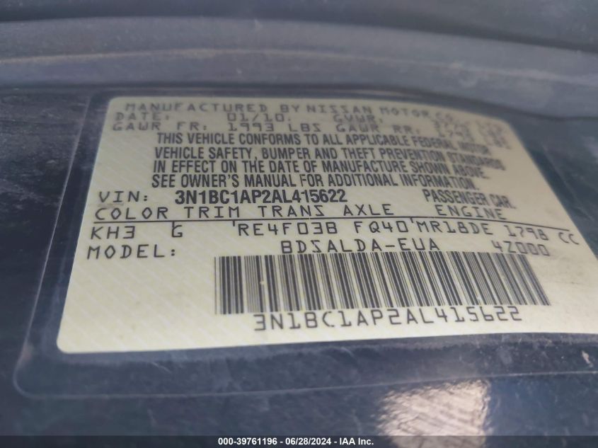 2010 Nissan Versa S/Sl VIN: 3N1BC1AP2AL415622 Lot: 39761196