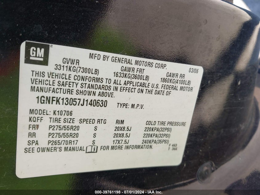 2007 Chevrolet Tahoe Ltz VIN: 1GNFK13057J140630 Lot: 39761198