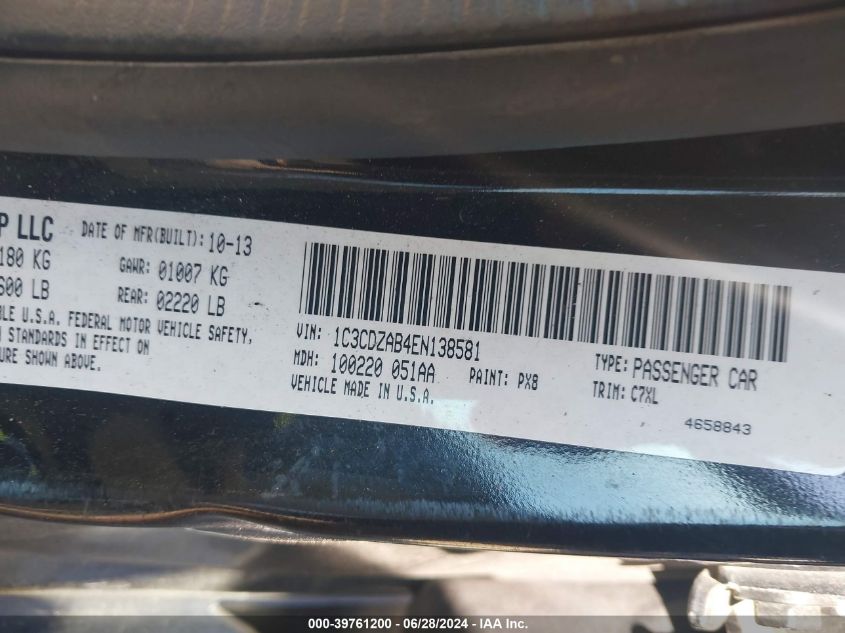 2014 Dodge Avenger Se VIN: 1C3CDZAB4EN138581 Lot: 39761200