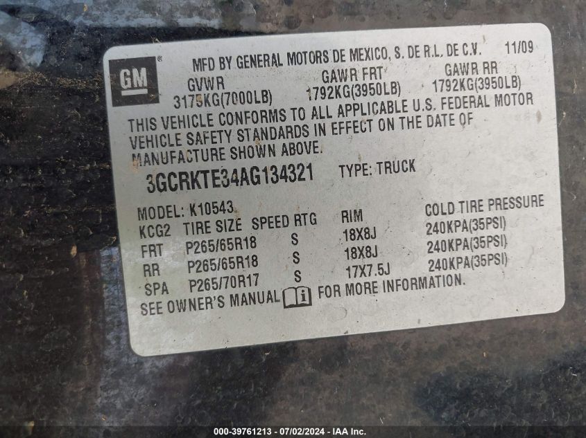 2010 Chevrolet Silverado 1500 Ltz VIN: 3GCRKTE34AG134321 Lot: 39761213