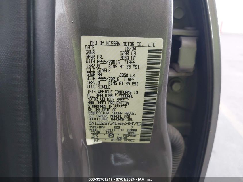 2004 Nissan Xterra Xe VIN: 5N1ED28Y34C669976 Lot: 39761217