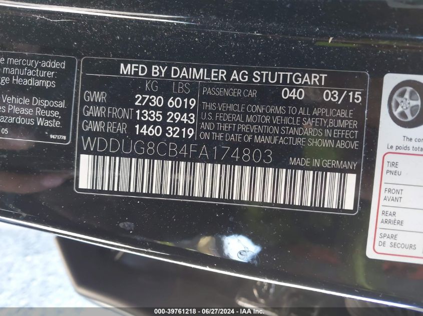 2015 Mercedes-Benz S 550 VIN: WDDUG8CB4FA174803 Lot: 39761218