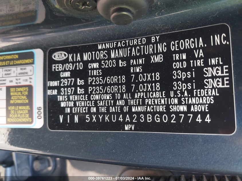 2011 Kia Sorento Ex VIN: 5XYKU4A23BG027744 Lot: 39761223