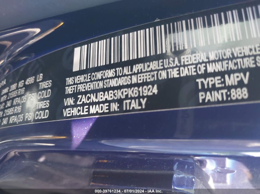 2019 Jeep Renegade Sport 4X4 VIN: ZACNJBAB3KPK61924 Lot: 39761234