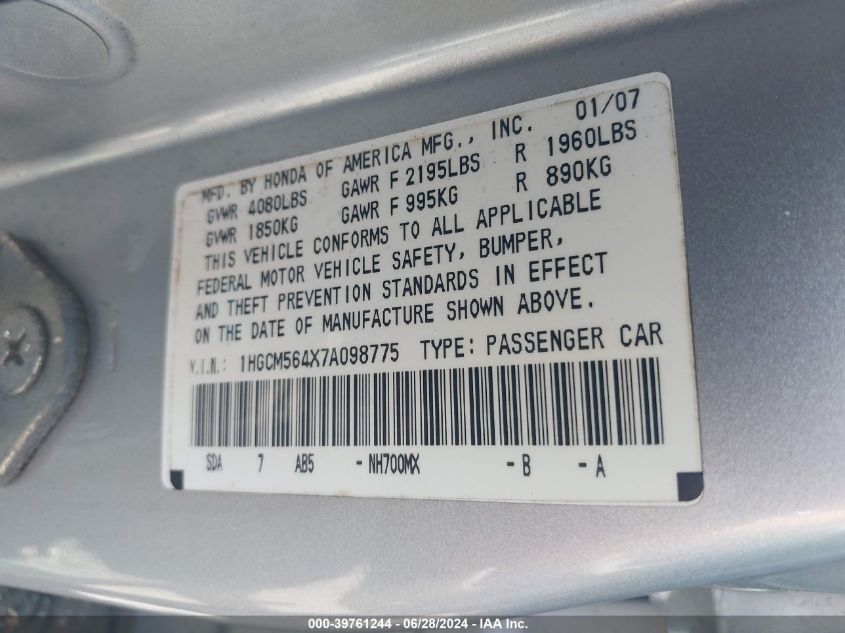 1HGCM564X7A098775 | 2007 HONDA ACCORD