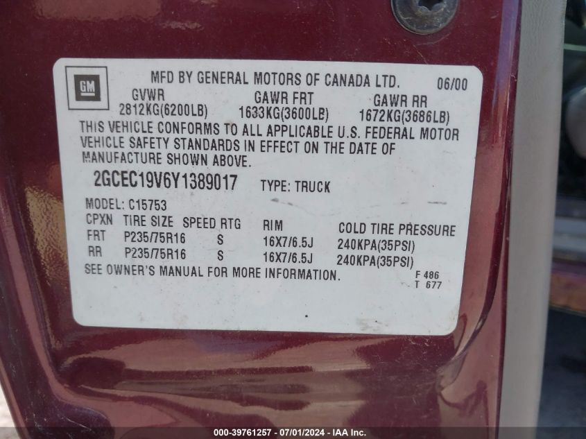 2000 GMC Sierra 1500 Sl/Sle VIN: 2GTEC19V6Y1389017 Lot: 39761257