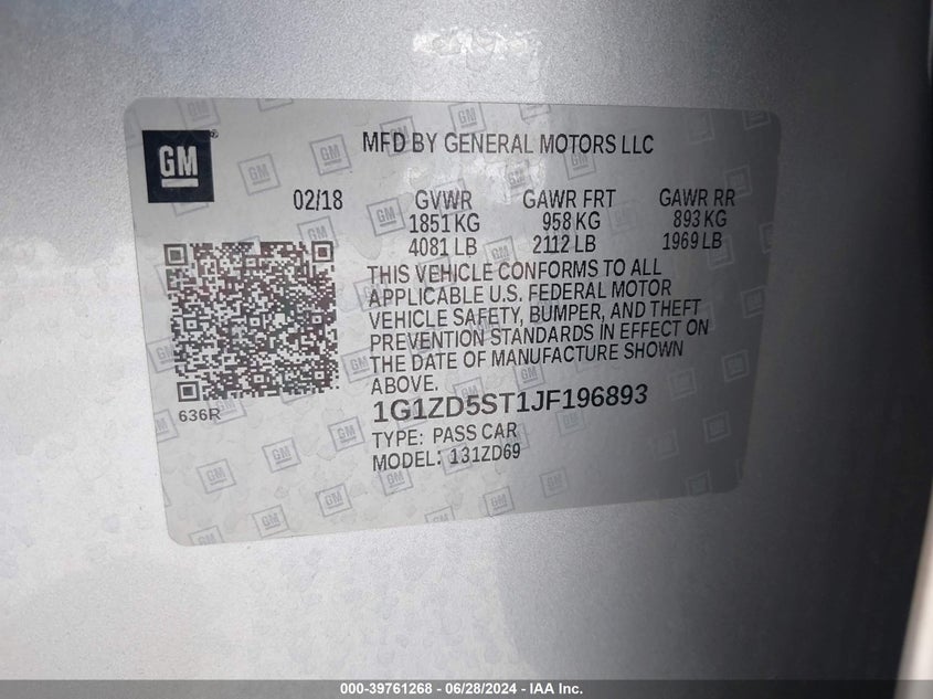 2018 Chevrolet Malibu Lt VIN: 1G1ZD5ST1JF196893 Lot: 39761268