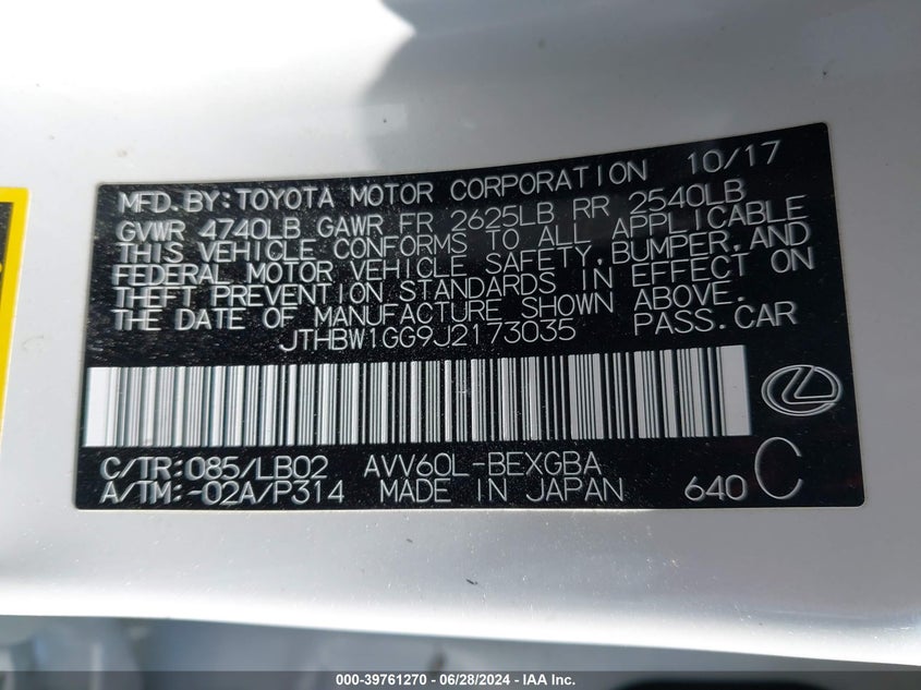 2018 Lexus Es 300H VIN: JTHBW1GG9J2173035 Lot: 39761270