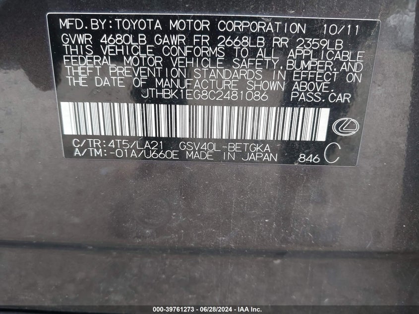 2012 Lexus Es 350 VIN: JTHBK1EG8C2481086 Lot: 39761273