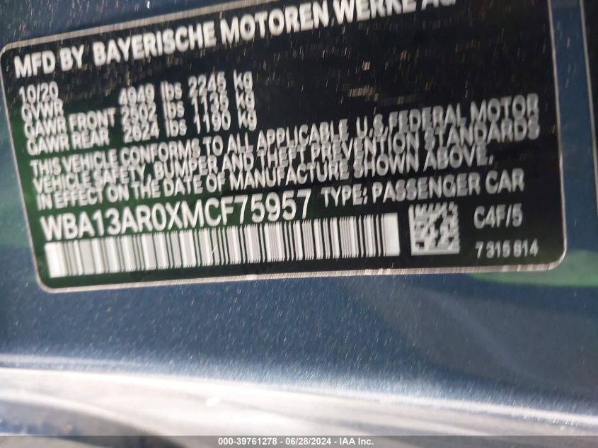 2021 BMW M440I xDrive VIN: WBA13AR0XMCF75957 Lot: 39761278