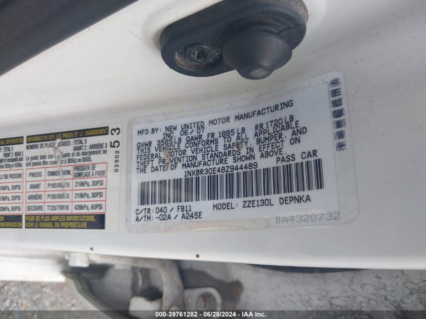 2008 Toyota Corolla Ce/Le/S VIN: 1NXBR30E48Z944489 Lot: 39761282