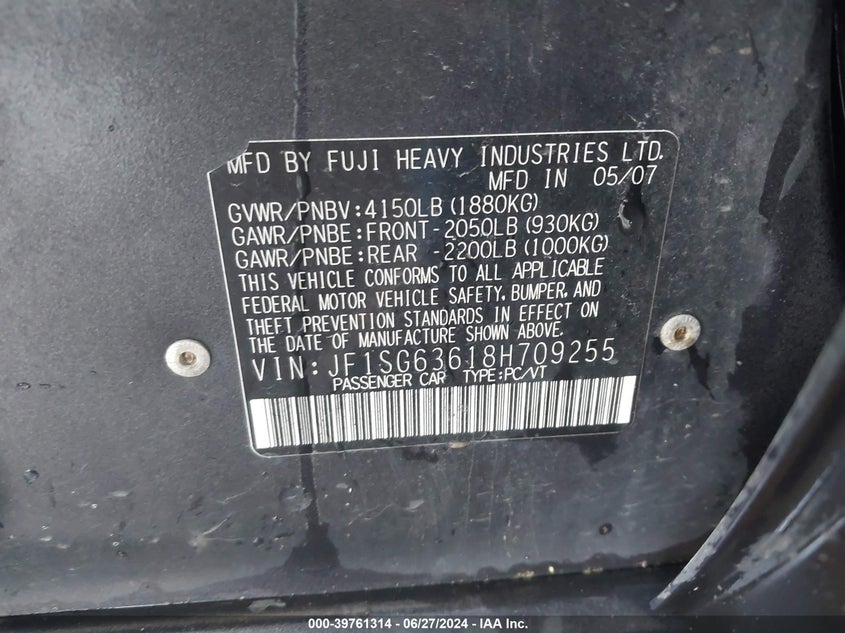 2008 Subaru Forester 2.5X VIN: JF1SG63618H709255 Lot: 39761314