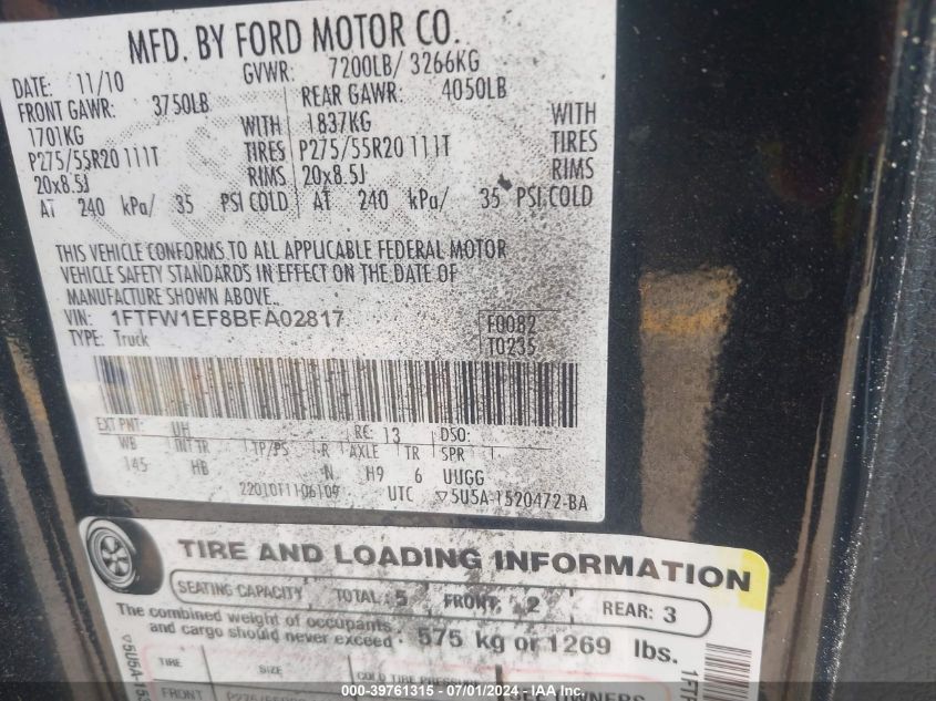 2011 Ford F-150 Lariat VIN: 1FTFW1EF8BFA02817 Lot: 39761315