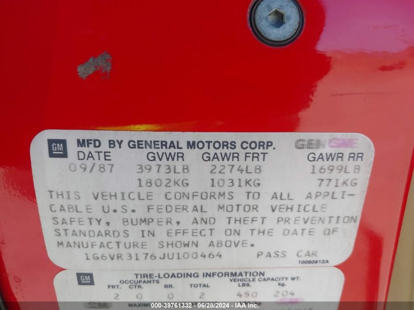 1988 Cadillac Allante VIN: 1G6VR3176JU100464 Lot: 39761332