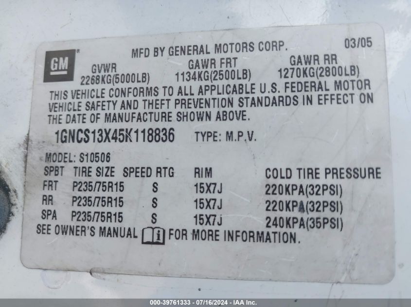 2005 Chevrolet Blazer Ls VIN: 1GNCS13X45K118836 Lot: 39761333