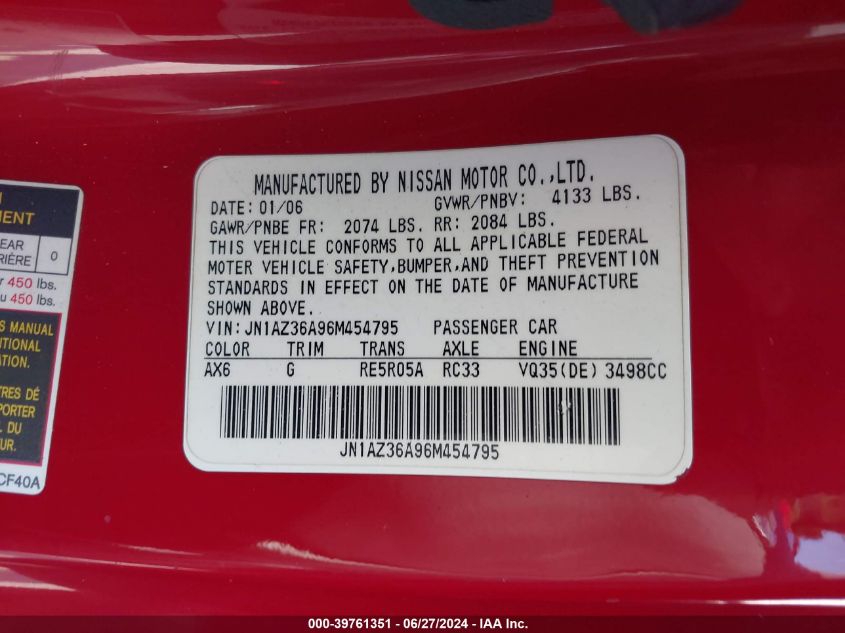 2006 Nissan 350Z VIN: JN1AZ36A96M454795 Lot: 39761351
