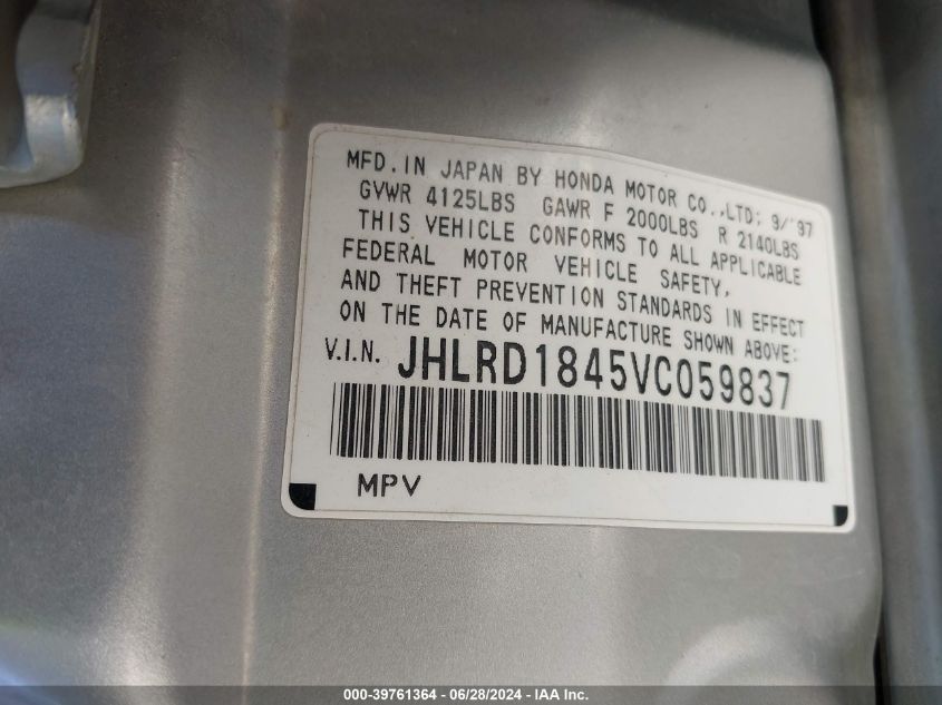 1997 Honda Cr-V VIN: JHLRD1845VC059837 Lot: 39761364