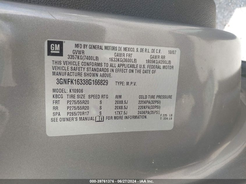 2008 Chevrolet Suburban 1500 Lt VIN: 3GNFK16338G166829 Lot: 39761376