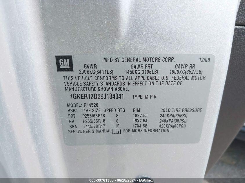 2009 GMC Acadia Sle-1 VIN: 1GKER13D59J184041 Lot: 39761388