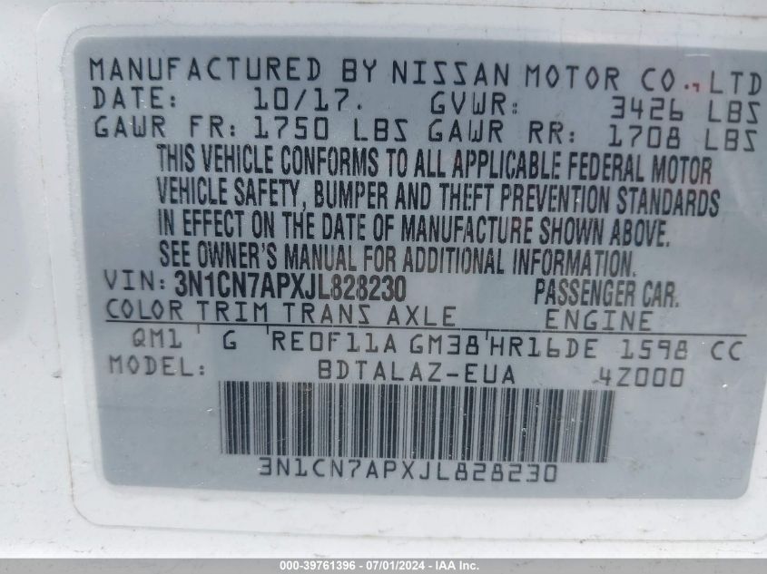 2018 Nissan Versa 1.6 S+ VIN: 3N1CN7APXJL828230 Lot: 39761396