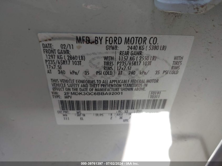 2011 Ford Edge Se VIN: 2FMDK3GC6BBA92001 Lot: 39761397