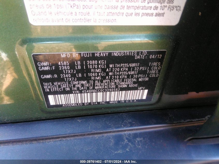 2012 Subaru Outback 2.5I Premium VIN: 4S4BRBCC0C3290562 Lot: 39761402