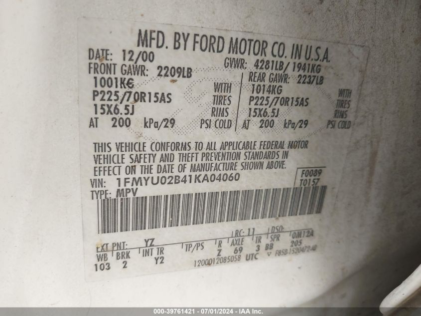 2001 Ford Escape Xls VIN: 1FMYU02B41KA04060 Lot: 39761421