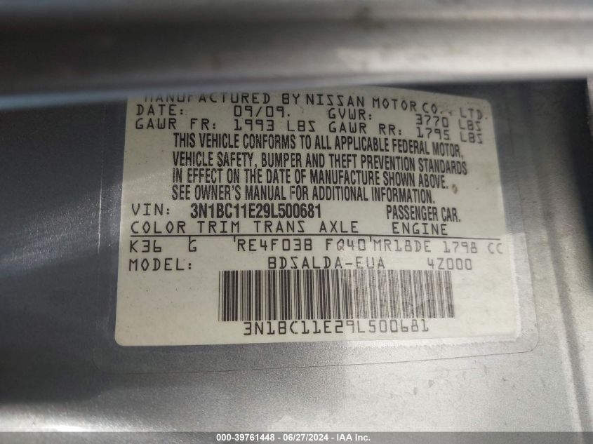 2009 Nissan Versa 1.8S VIN: 3N1BC11E29L500681 Lot: 39761448