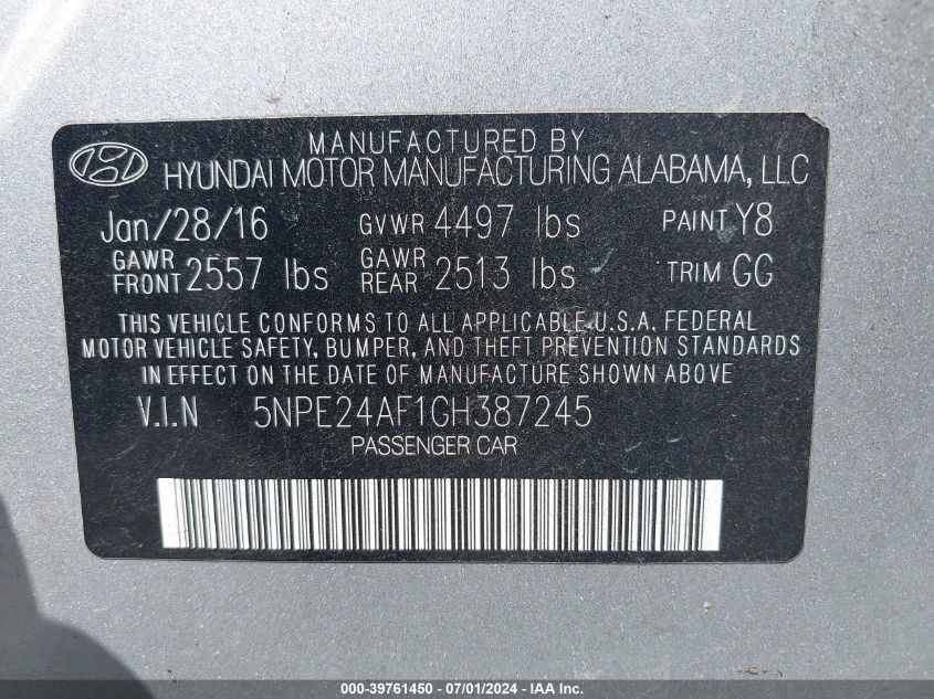 2016 Hyundai Sonata Se VIN: 5NPE24AF1GH387245 Lot: 39761450