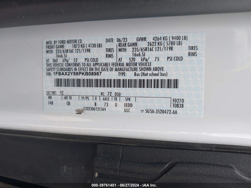 2023 Ford Transit-350 Passenger Van Xlt VIN: 1FBAX2Y88PKB08987 Lot: 39761451