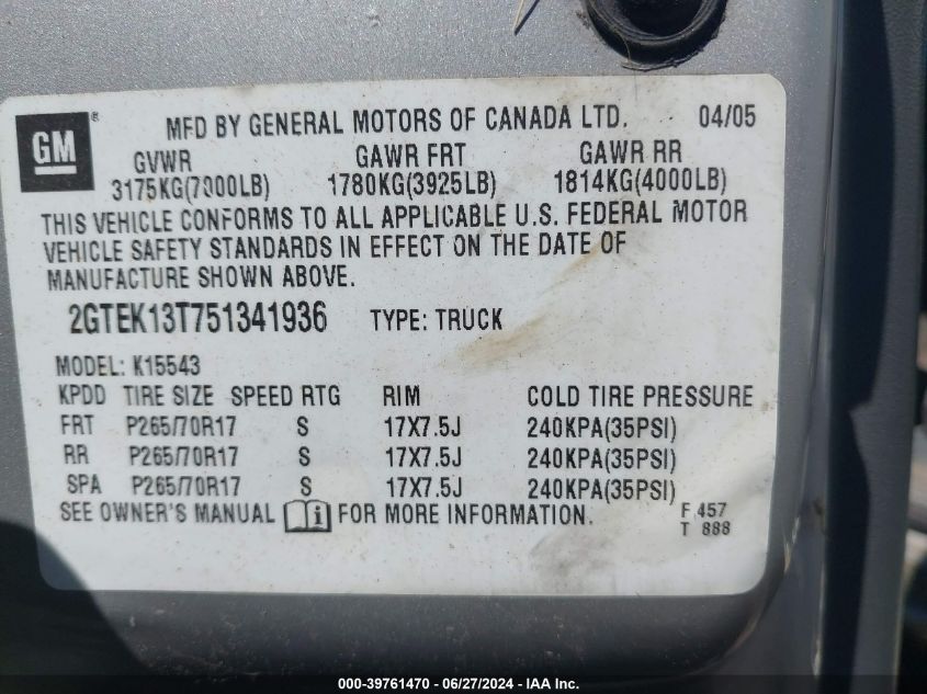 2005 GMC Sierra 1500 Slt VIN: 2GTEK13T751341936 Lot: 39761470