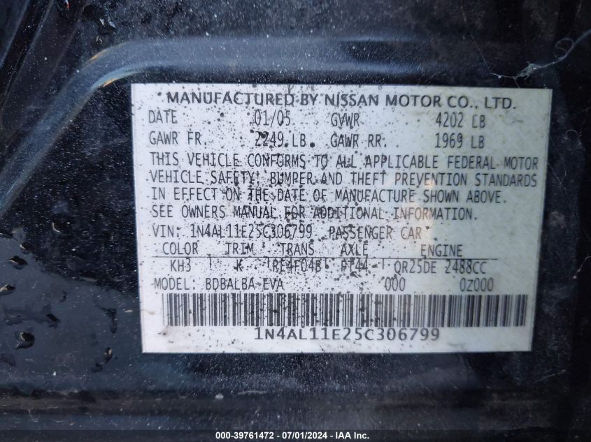 2005 Nissan Altima 2.5 S VIN: 1N4AL11E25C306799 Lot: 39761472