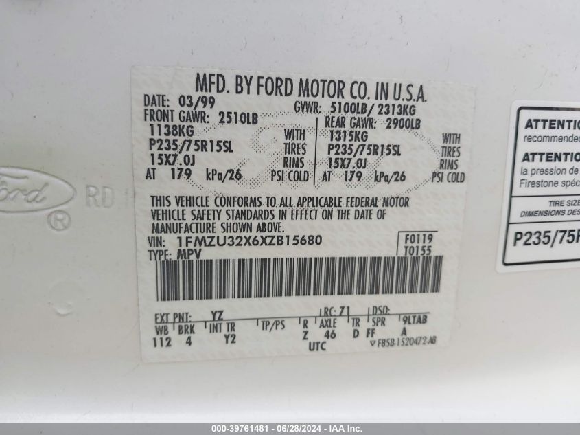 1999 Ford Explorer Xl/Xlt VIN: 1FMZU32X6XZB15680 Lot: 39761481