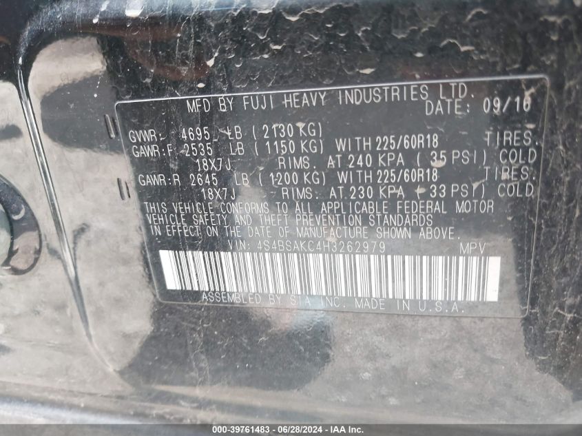 2017 Subaru Outback 2.5I Limited VIN: 4S4BSAKC4H3262979 Lot: 39761483