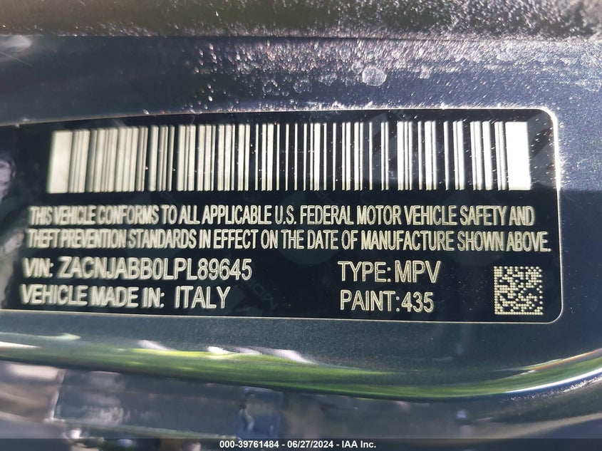 VIN ZACNJABB0LPL89645 2020 JEEP RENEGADE ALTITUDE FWD