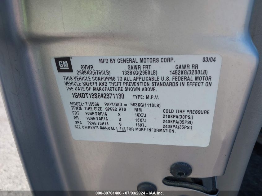 2004 Chevrolet Trailblazer Ls VIN: 1GNDT13S642371130 Lot: 39761486