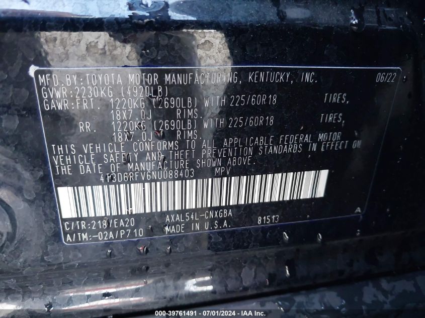 2022 Toyota Rav4 Hybrid Limited VIN: 4T3D6RFV6NU088403 Lot: 39761491