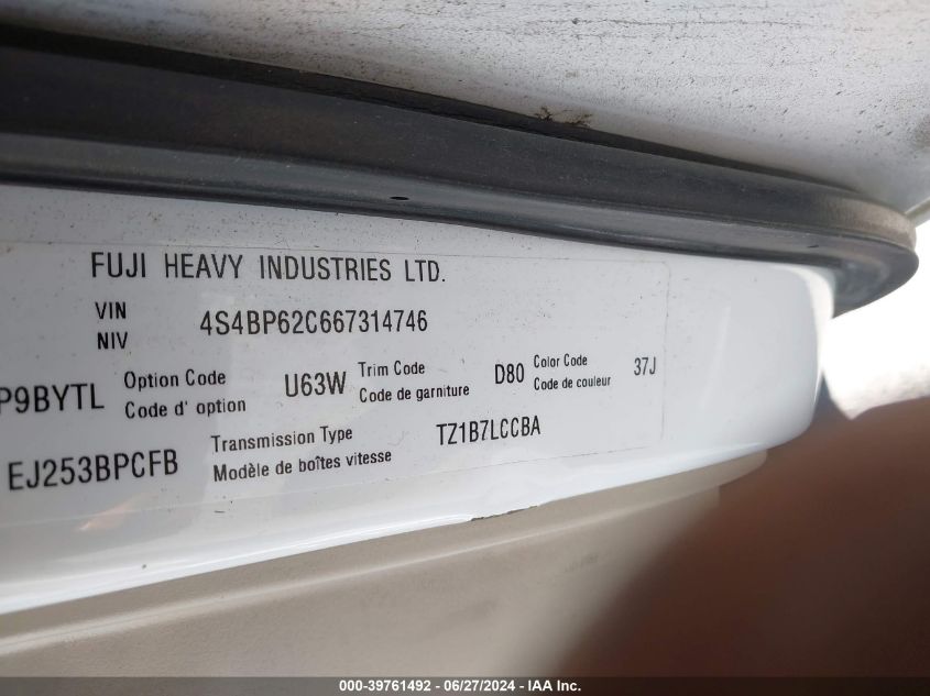 2006 Subaru Outback 2.5I Limited VIN: 4S4BP62C667314746 Lot: 39761492