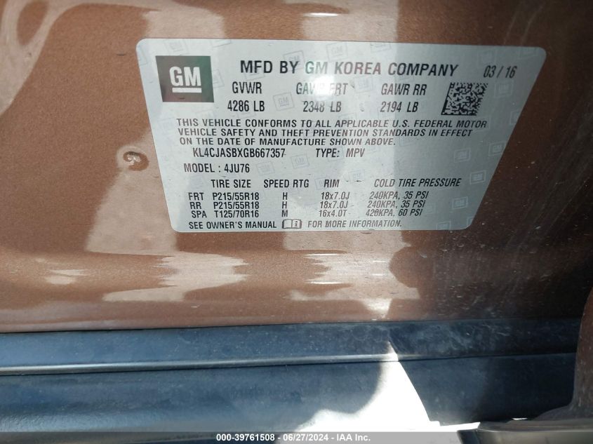 2016 Buick Encore VIN: KL4CJASBXGB667357 Lot: 39761508