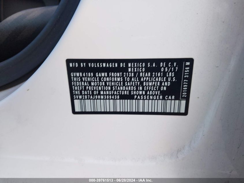 2017 Volkswagen Jetta 1.4T S VIN: 3VW2B7AJ9HM389438 Lot: 39761513