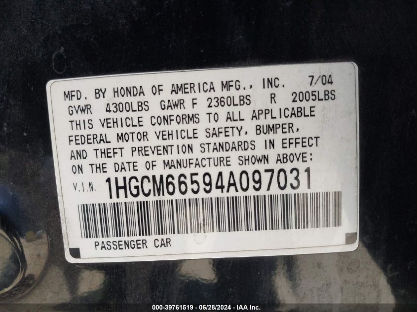 2004 Honda Accord 3.0 Ex VIN: 1HGCM66594A097031 Lot: 39761519