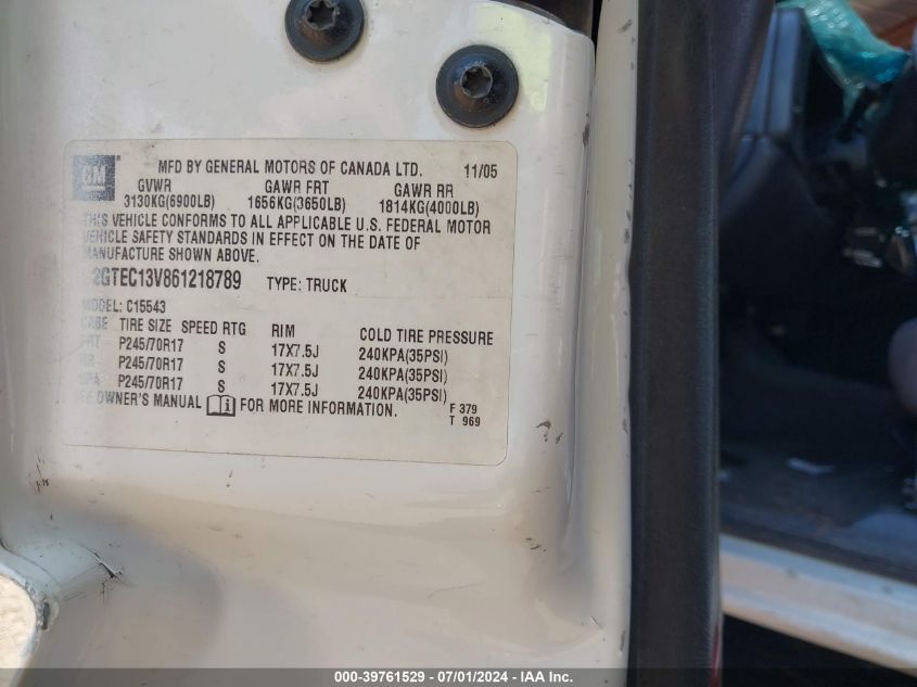 2006 GMC Sierra 1500 Sl VIN: 2GTEC13V861218789 Lot: 39761529