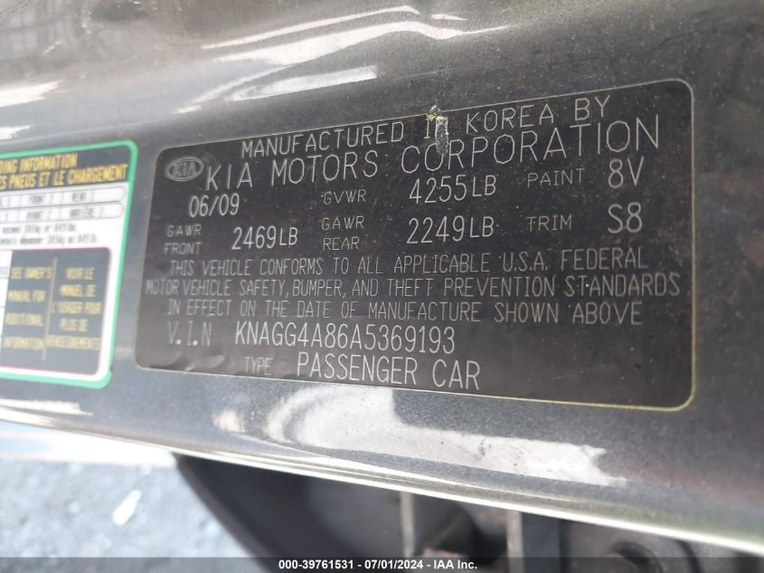 2010 Kia Optima Lx VIN: KNAGG4A86A5369193 Lot: 39761531