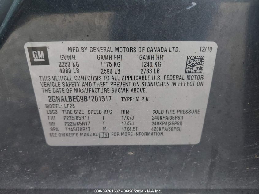 2011 Chevrolet Equinox Ls VIN: 2GNALBEC9B1201517 Lot: 39761537