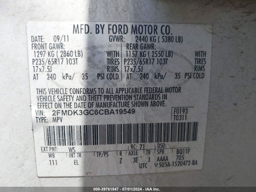 2012 Ford Edge Se VIN: 2FMDK3GC6CBA19549 Lot: 39761547