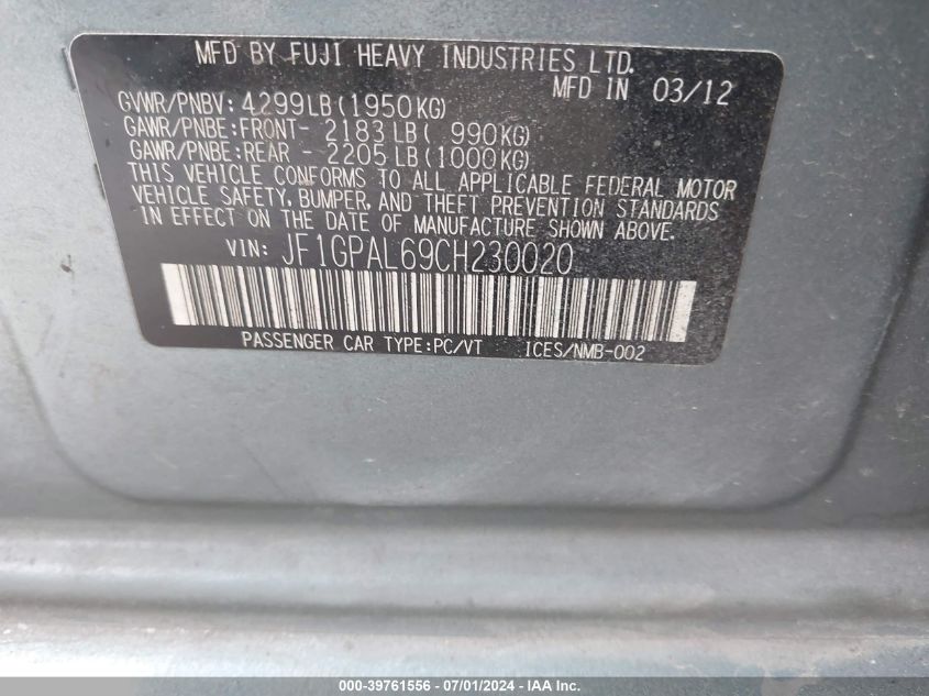 2012 Subaru Impreza 2.0I Sport Premium VIN: JF1GPAL69CH230020 Lot: 39761556