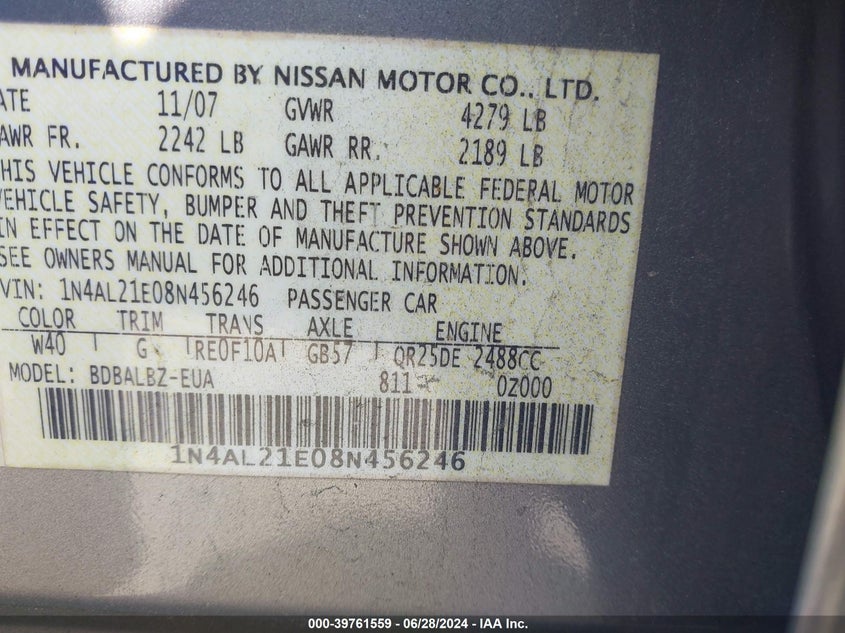 2008 Nissan Altima 2.5 S VIN: 1N4AL21E08N456246 Lot: 39761559