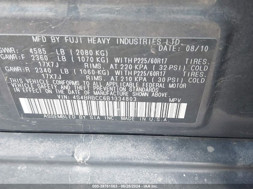 2011 Subaru Outback 2.5I Premium VIN: 4S4BRBCC6B1334803 Lot: 39761563